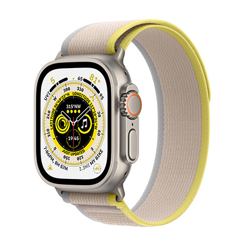 Apple Watch Ultra GPS + Cellular, 49mm Titanium Case with Yellow/Beige Trail Loop - M/L mqfu3cs/a