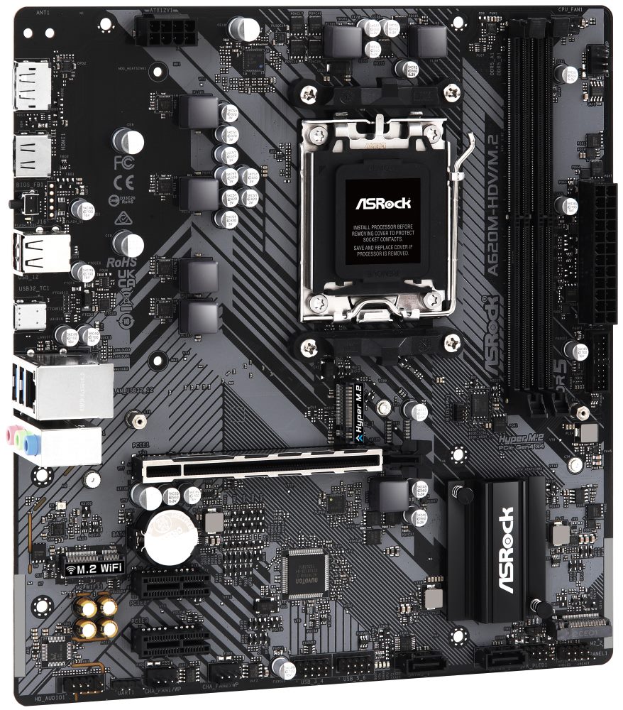 ASROCK MB A620M-HDV/M.2 (AM5, amd A620, 2xDDR5 5600MHz, PCIE 4.0, HDMI+DPort, 4xSATA3 +2xM.2, USB3.2 G1, GLAN, mATX)