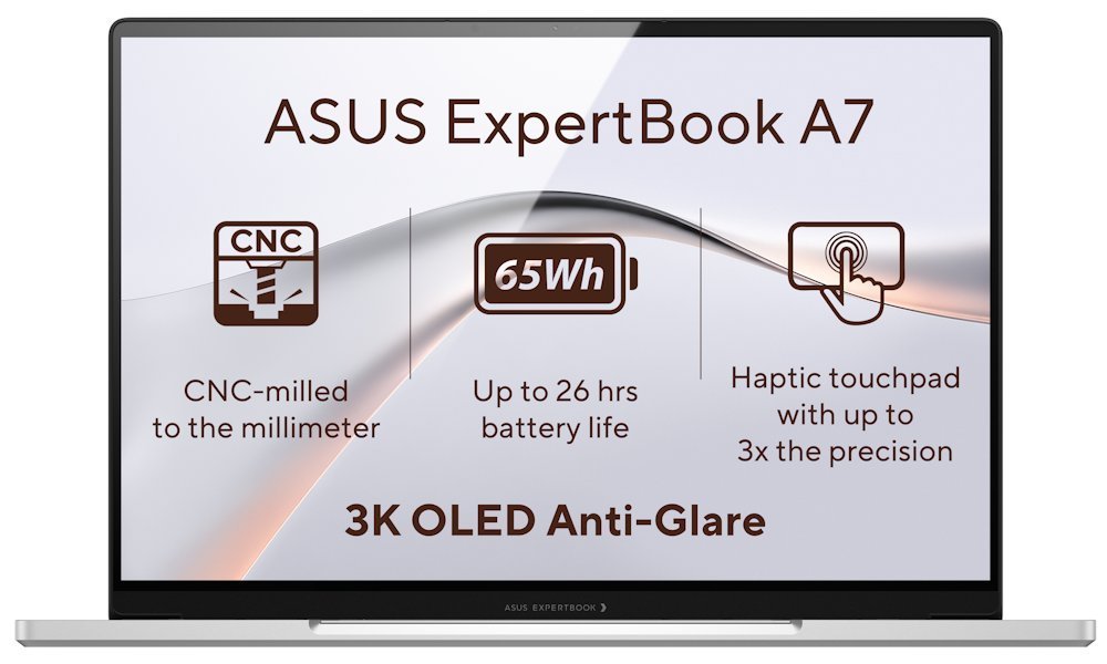ASUS ExpertBook A7/ Core 5 320/ 8GB DDR5/ 256GB SSD/ Intel Graphics/ 14"WQXGA+, OLED/ bez OS/ stříbr A7406CMA-OLEDC58256