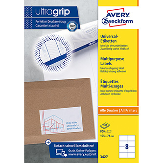 Avery Zweckform etikety 105mm x 74mm, A4, biele, 8 etikiet, balené po 100 ks, 3427, pre laserové a