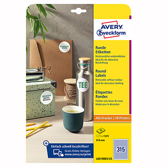 Avery Zweckform etikety 10mm, A4, biele, 315 etikiet, snímateľné, balené po 25 ks, L6019REV-25, pre