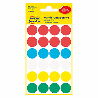 Avery Zweckform etikety 18mm, farebné, 24 etikiet, značkovací, balené po 4 ks, 3089, pre ručný popi