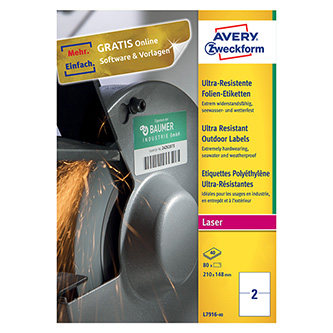 Avery Zweckform etikety 210mm x 148mm, A4, biele, 2 etikety, veľmi odolné, balené po 40 ks, L7916-4 L7916-40