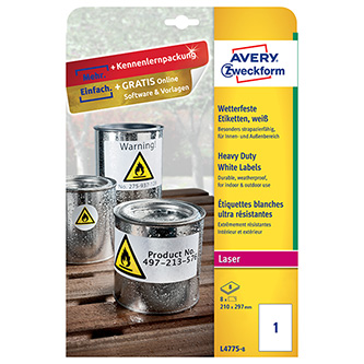 Avery Zweckform etikety 210mm x 297mm, A4, biele, 1 etiketa, veľmi odolné, balené po 8 ks, L4775-8