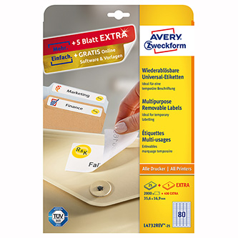 Avery Zweckform etikety 35,6mm x 16,9mm, A4, biele, 80 etikiet, snímateľné, balené po 25 ks, L4732R L4732REV-25