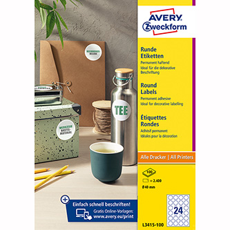 Avery Zweckform etikety 40mm, A4, biele, 24 etikiet, balené po 100 ks, L3415-100, pre laserové a at