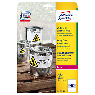 Avery Zweckform etikety 45.7mm x 21.2mm, A4, matné, biele, 48 etikiet, veľmi odolné, balené po 20 k L4778-20