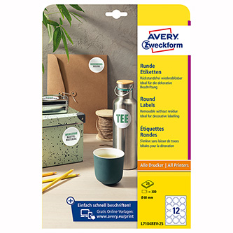 Avery Zweckform etikety 60mm, A4, biele, 12 etikiet, snímateľné, balené po 25 ks, L7104REV-25, pre