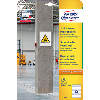Avery Zweckform etikety 63.5mm x 29.6mm, A4, biele, 27 etikiet, balené po 20 ks, L7874-20, pre lase