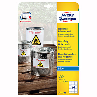 Avery Zweckform etikety 63.5mm x 33.9mm, A4, biele, 24 etikiet, veľmi odolné, balené po 10 ks, J477 J4773-10