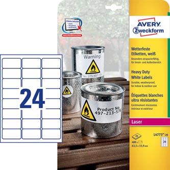 Avery Zweckform etikety 63.5mm x 33.9mm, A4, biele, 24 etikiet, veľmi odolné, balené po 20 ks, L477 L4773-20
