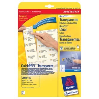 Avery Zweckform etikety 63.5mm x 38.1mm, A4, priehľadné, transparentná, 21 etikiet, balené po 25 ks J8560-25