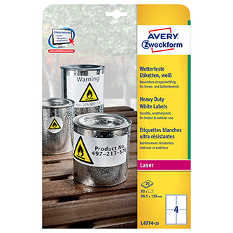 Avery Zweckform etikety 99.1mm x 139mm, A4, matné, biele, 4 etikety, veľmi odolné, balené po 20 ks, L4774-20