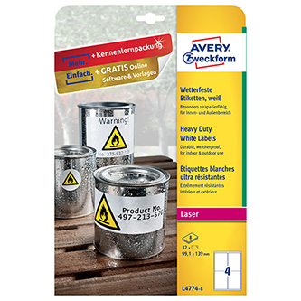 Avery Zweckform etikety 99.1mm x 139mm, A4, matné, biele, 4 etikety, veľmi odolné, balené po 8 ks, L4774-8
