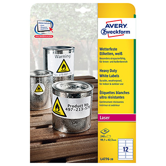 Avery Zweckform etikety 99.1mm x 42.3mm, A4, matné, biele, 12 etikiet, veľmi odolné, balené po 20 k L4776-20