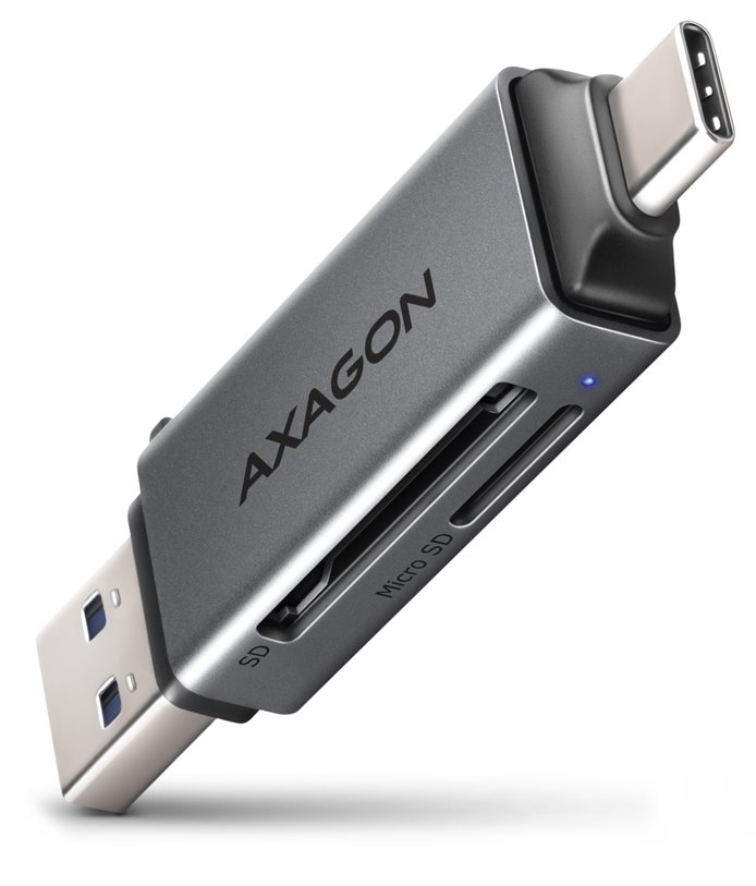 AXAGON CRE-DAC, USB-C + USB-A, 5 Gbps - MINI čtečka karet, 2-slot & lun SD/microSD, podpora UHS-I