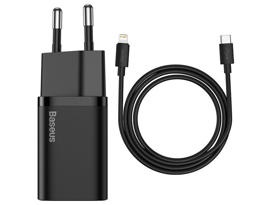 Baseus rychlonabíječka do sítě Super Si USB-C PD QC 20W černá s kabelem USB-C/Lightning 1m 6953156230057