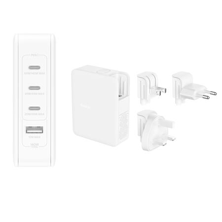 Belkin 140W 4-portová USB-C Power Delivery GaN PPS nástěnná nabíječka + UK, EU, US adaptéry, bílá WCH014btWH