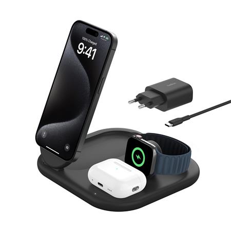 Belkin BOOST CHARGE™ Qi2 15W 3v1 Magnetický nabíjecí stojan, skládací, černá WIZ029vfBK