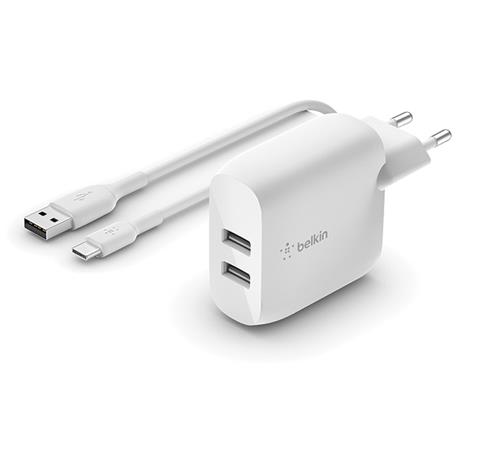 BELKIN Dual USB-A nabíječka, 24W + USB-C kabel WCE001vf1MWH