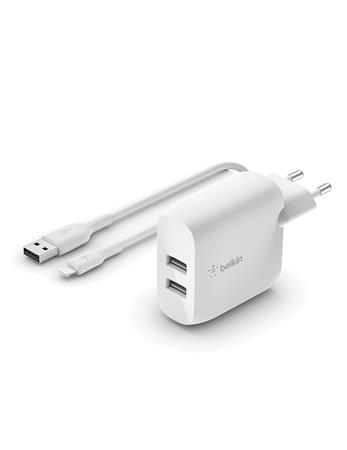 Belkin Duální USB-A domácí nabíječka 24W, lightning kabel, bílá WCD001vf1MWH