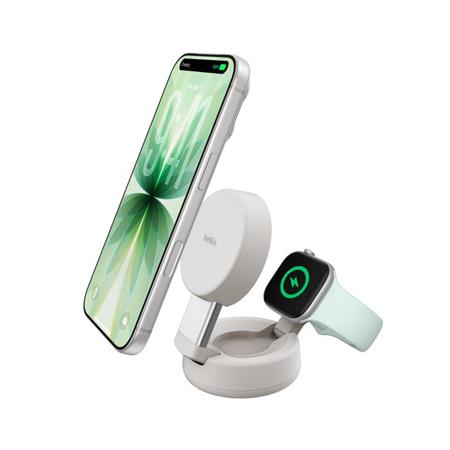 Belkin UltraCharge™ PRO Qi2 25W 2v1 Magnetická nabíječka pro iPhone/Apple Watch, písečná WIZ043kqSD