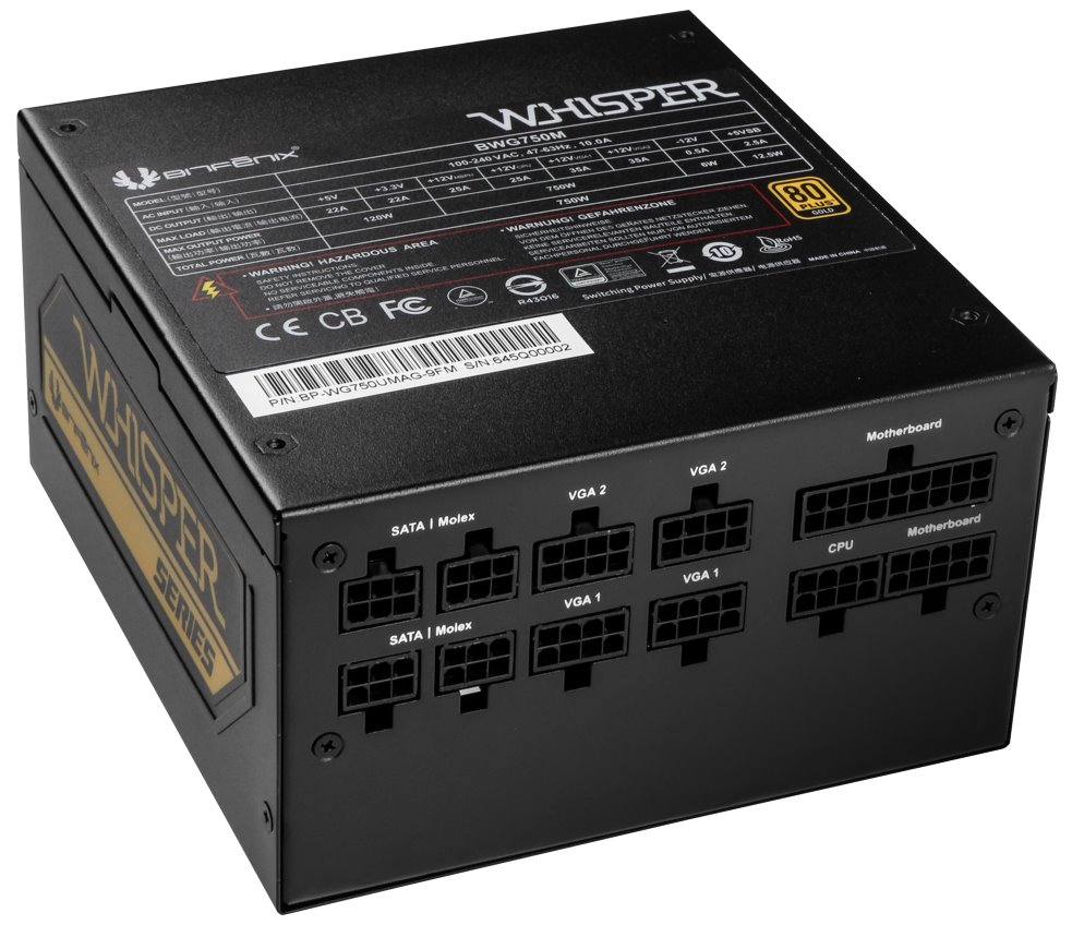 BitFenix zdroj Whisper M / ATX / 750W / 80 Plus Gold / active PFC / modulární BP-WG750UMAG-9FM
