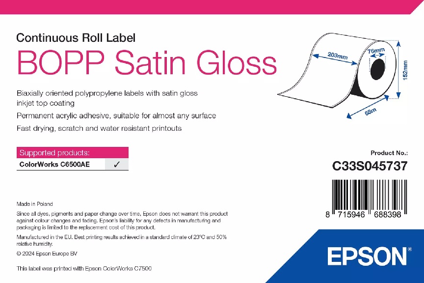BOPP Satin Gloss Label - ContRoll: 203mm x 68m C33S045737
