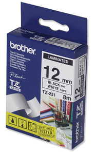 Brother originál páska do tlačiarne štítkov, Brother, TZE-231, čierny tlač/biely podklad, laminovan TZE231
