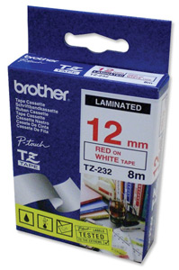 Brother originál páska do tlačiarne štítkov, Brother, TZE-232, červený tlač/biely podklad, laminova TZE232