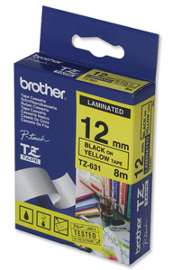 Brother originál páska do tlačiarne štítkov, Brother, TZE-631, čierny tlač/žltý podklad, laminovaná TZE631
