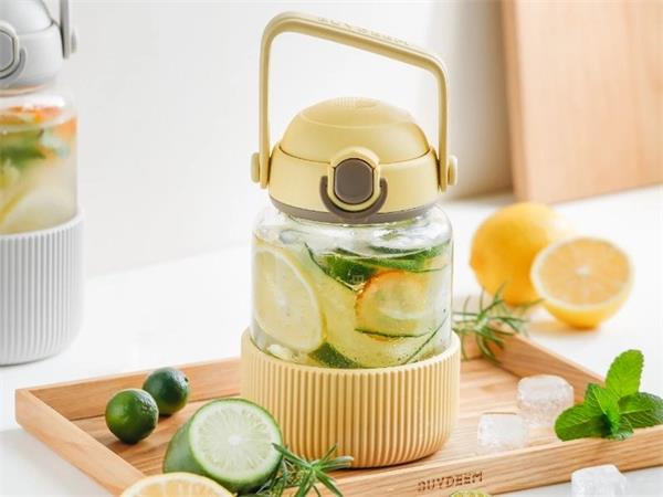 BUYDEEM Sklenená fľaša so slamkou 1L, model DG710, farba jemná žltá DG710-MY