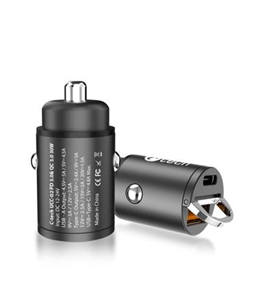 C-TECH Nabíječka USB do auta, 1x Type C + 1 x Type A, 30W, Power delivery 3.0, Quick Charge 3.0, hliníkové tělo UCC-02