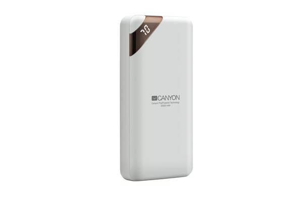 Canyon CNE-CPBP20W Powerbank, polymérová, 20.000 mAh, 2 x USB výstup, micro USB/USB-C vstup, displej, Smart IC, biela