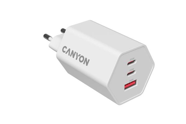 Canyon Hexagon 65, vysokorýchlostná univerzálna nabíjačka do steny, 2x USB-C 65W PD, 1x USB-A 18W, biela CND-CHAHEX65W