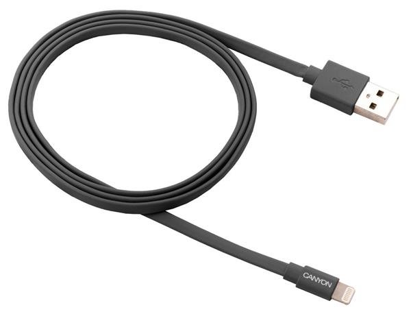 Canyon MFI-2, 1m plochý kábel Lightning/USB, MFI schválený Apple, tmavo-šedý CNS-MFIC2DG
