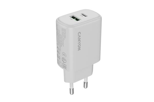 Canyon OnCharge 200, univerzálna nabíjačka do steny, 1x USB-C + 1x USB-A, PD 20W, biela CNE-CHA200-21
