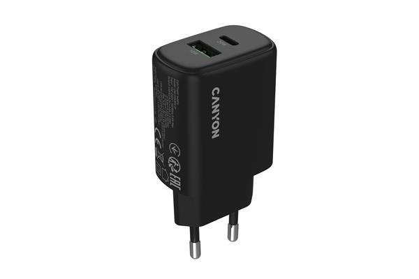 Canyon OnCharge 200, univerzálna nabíjačka do steny, 1x USB-C + 1x USB-A, PD 20W, čierna CNE-CHA200-31