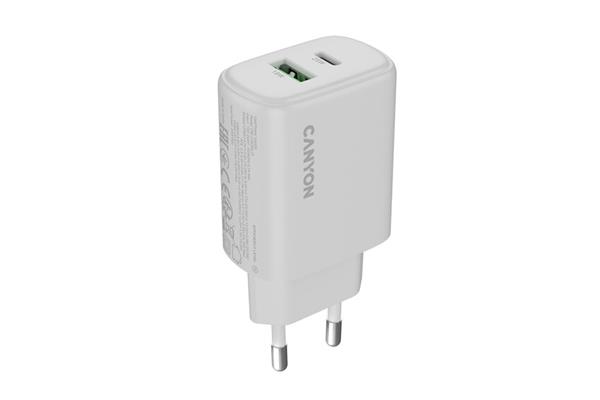 Canyon OnCharge 250, univerzálna nabíjačka do steny, 1x USB-C + 1x USB-A, PD 25W, biela CNE-CHA250-21