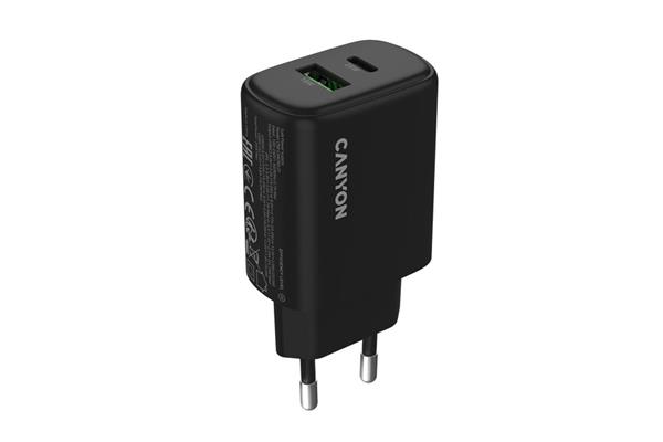 Canyon OnCharge 250, univerzálna nabíjačka do steny, 1x USB-C + 1x USB-A, PD 25W, čierna CNE-CHA250-31