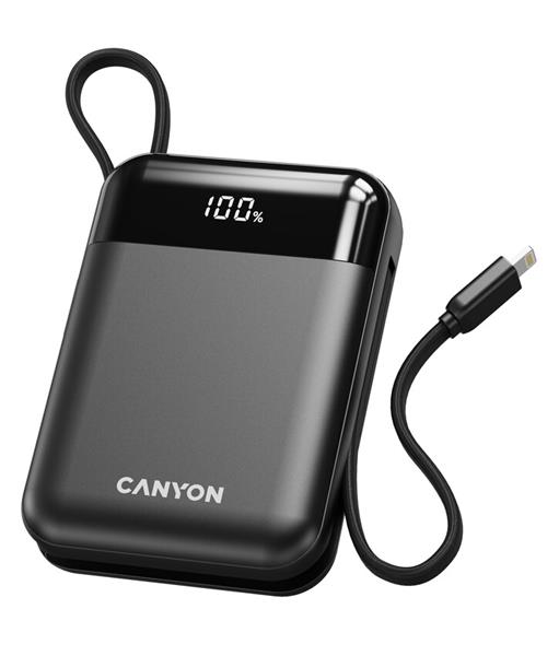 Canyon OnPower 104, powerbanka 10 000 mAh, 22,5 W, USB-C / USB-A, integrované káble USB-C + Lightning, čiern CNS-CPB104B