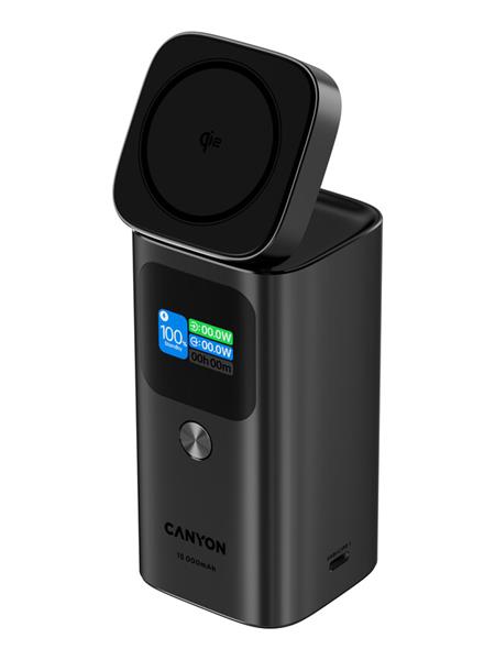 Canyon OnPower 150, Powerbank, 15.000 mAh, displej, in:USB-C, out:2x USB-C/1xUSB-A, Qi2 bezdrôtové nabíjani CNS-CPB150DG