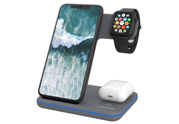 Canyon WS-303, 3v1, bezdrôtová Qi nabíjacia stanica pre 3 zariadenia simultánne, šedá CNS-WCS303DG