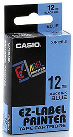 Casio originál páska do tlačiarne štítkov, Casio, XR-12BU1, čierny tlač/modrý podklad, nelaminovaná