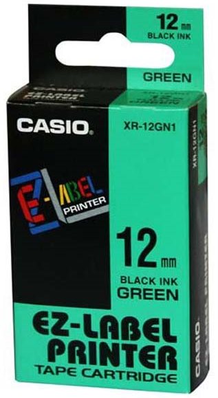 Casio originál páska do tlačiarne štítkov, Casio, XR-12GN1, čierny tlač/zelený podklad, nelaminovan