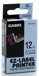 Casio originál páska do tlačiarne štítkov, Casio, XR-12X1, čierny tlač/priehľadný podklad, nelamino