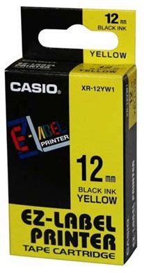 Casio originál páska do tlačiarne štítkov, Casio, XR-12YW1, čierny tlač/žltý podklad, nelaminovaná,