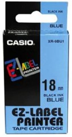Casio originál páska do tlačiarne štítkov, Casio, XR-18BU1, čierny tlač/modrý podklad, nelaminovaná