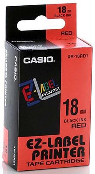 Casio originál páska do tlačiarne štítkov, Casio, XR-18RD1, čierny tlač/červený podklad, nelaminova