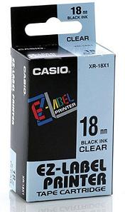 Casio originál páska do tlačiarne štítkov, Casio, XR-18X1, čierny tlač/priehľadný podklad, nelamino